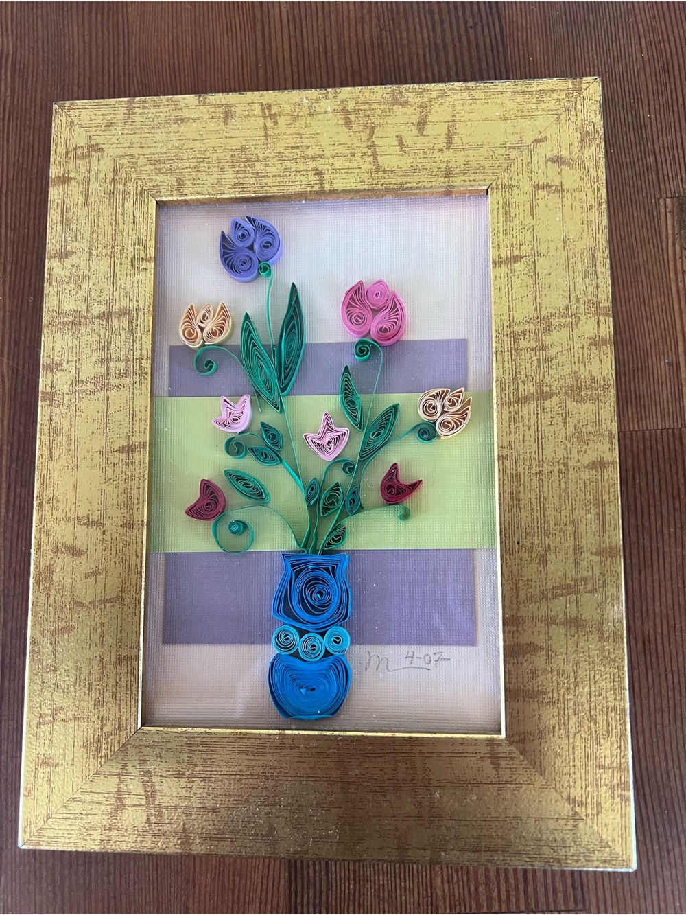 Handmade Paper Quilling Art Flowers In Vase Signed & Dated Framed